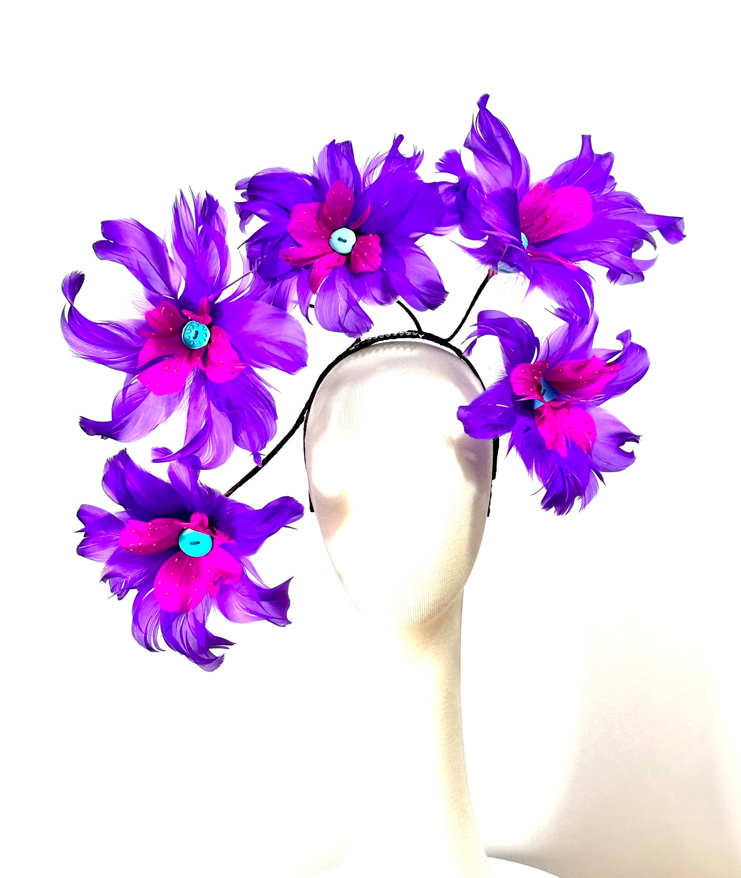 Purple, Pink and Aqua Feather headpiece by Possum Ball