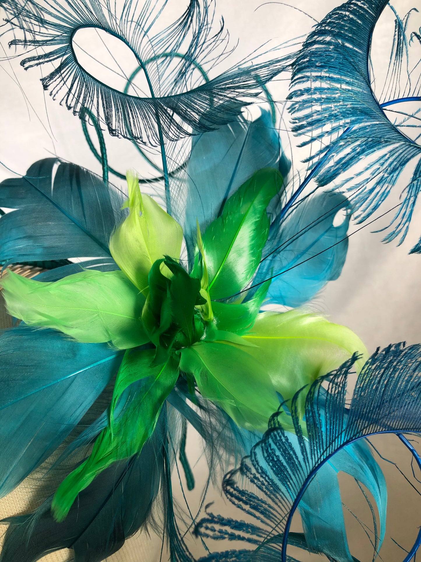 Blue Teal and Jade Feather headpiece by Possum Ball