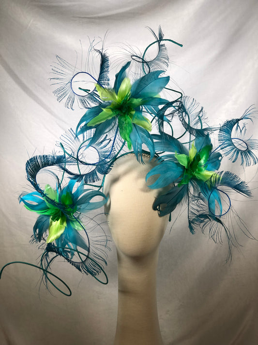 Blue Teal and Jade Feather headpiece by Possum Ball