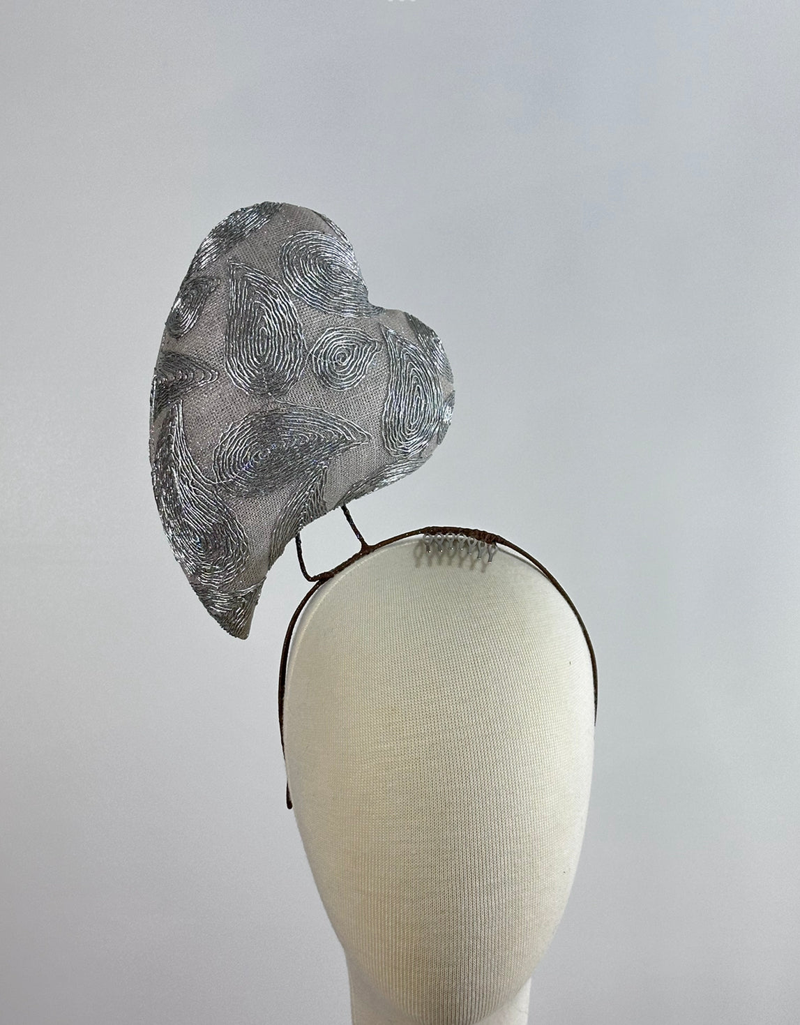 Silver Love Heart percher headpiece by Possum Ball
