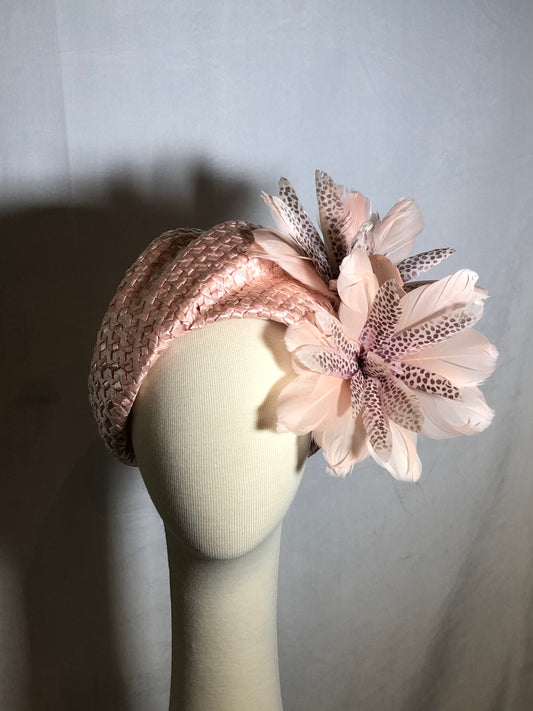 Pink vintage straw turban by Possum Ball